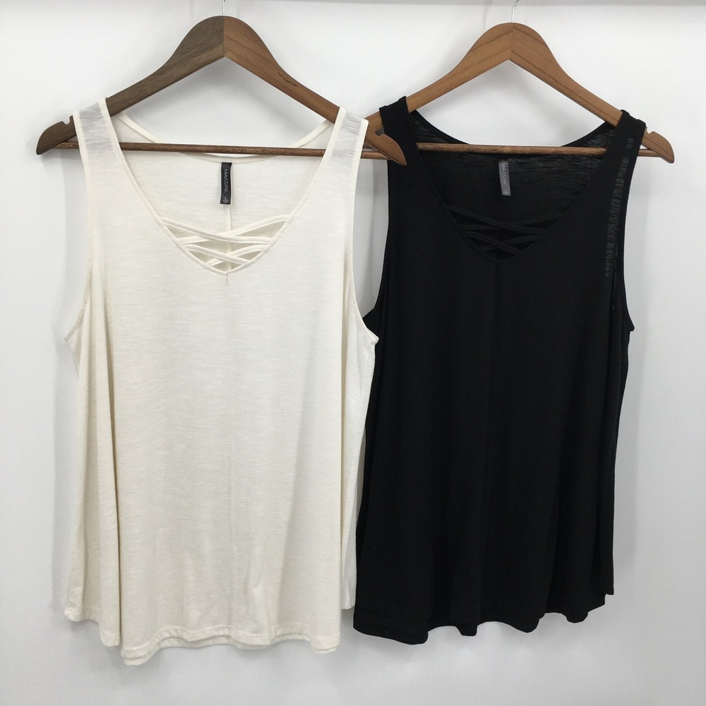 Massini Crisscross V-Neck Tank Top Bundle Womens L Black Cream Resort Vacation